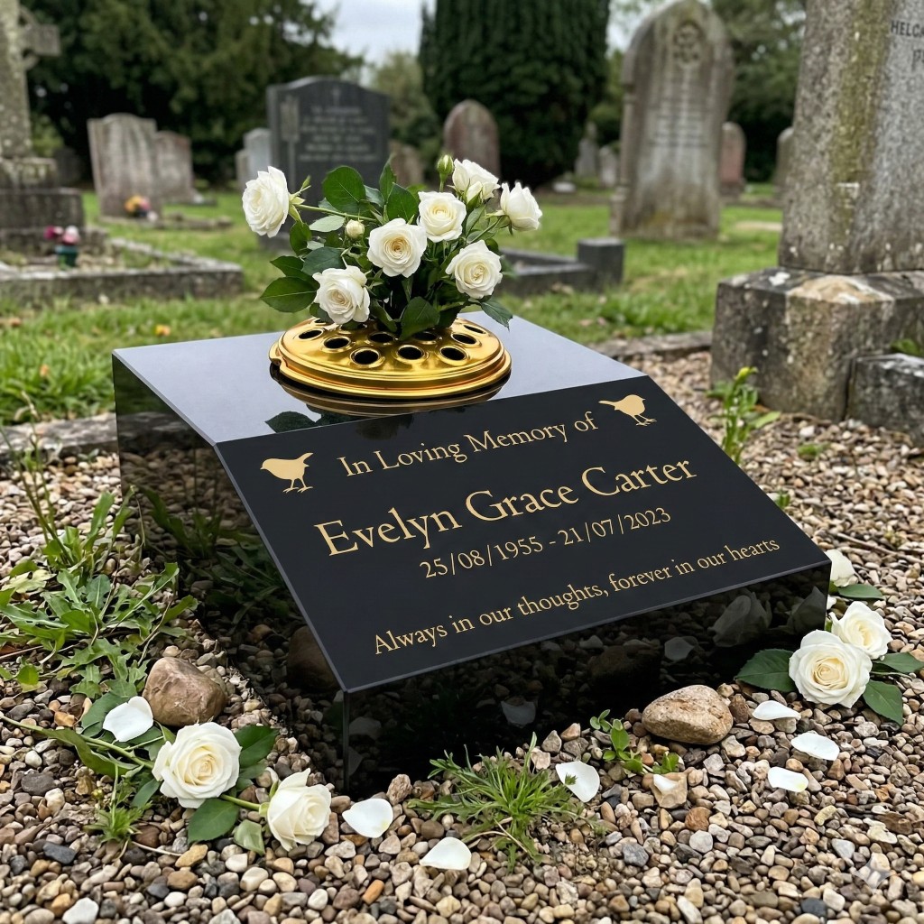 Elegant black granite cremation memorial with gold vase and white roses in a peaceful cemetery setting
