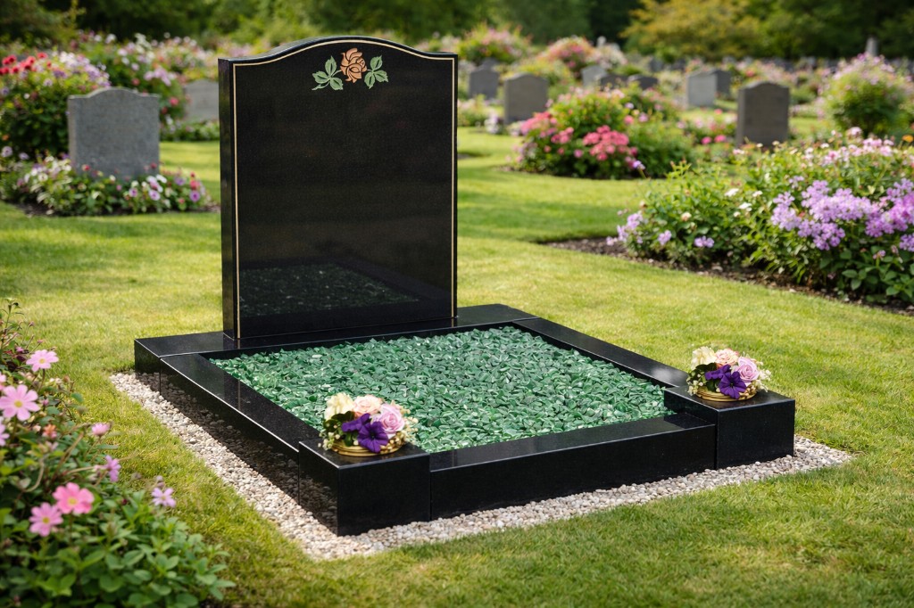 Elegant black granite garden kerb set with gold rose emblem, green decorative chippings and floral tributes in a peaceful cemetery setting