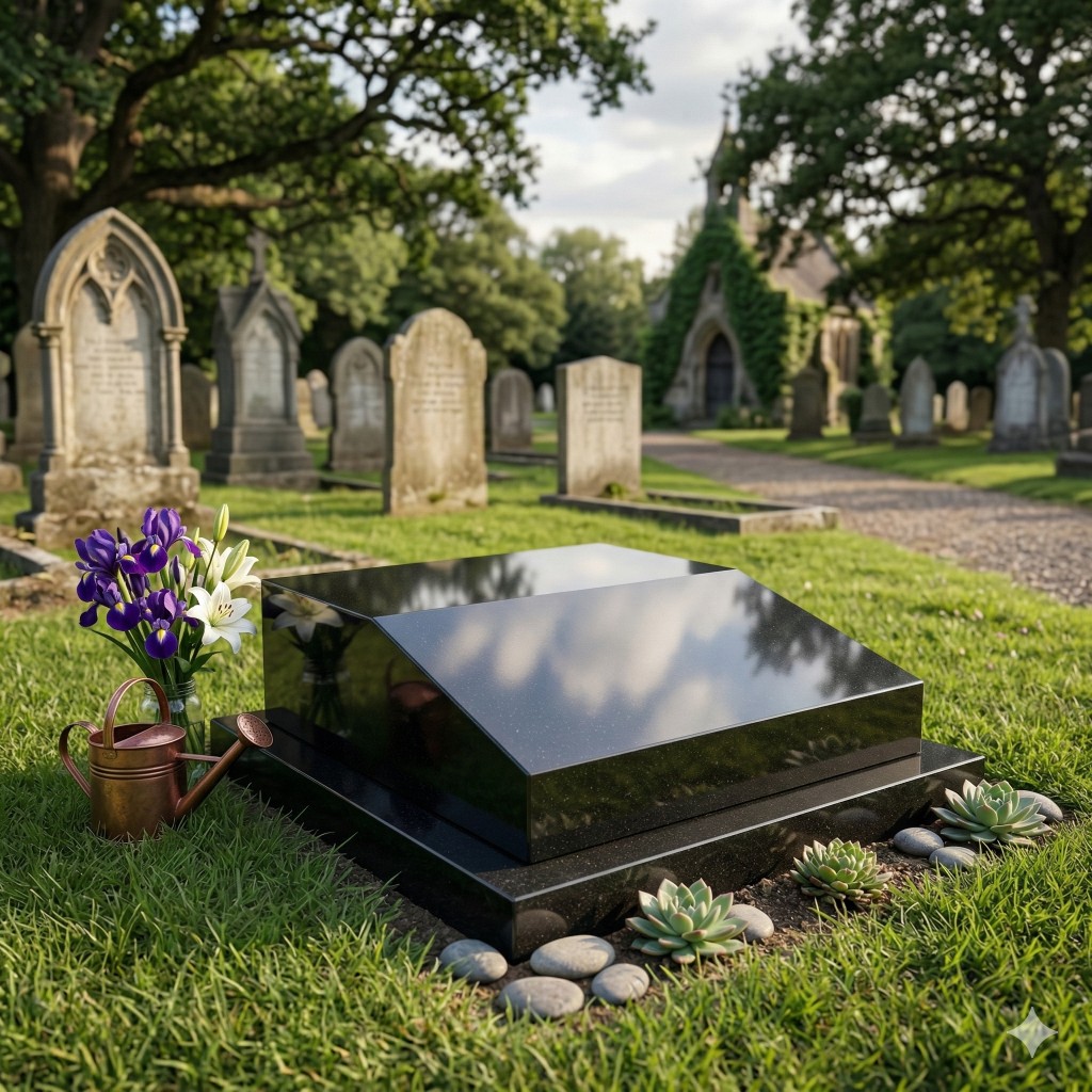 Elegant black granite memorial plaque with irises and lilies in a peaceful church cemetery setting